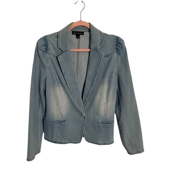 INC International Concepts Size L Denim Blazer | Light Wash Puff Shoulder - Picture 2 of 7